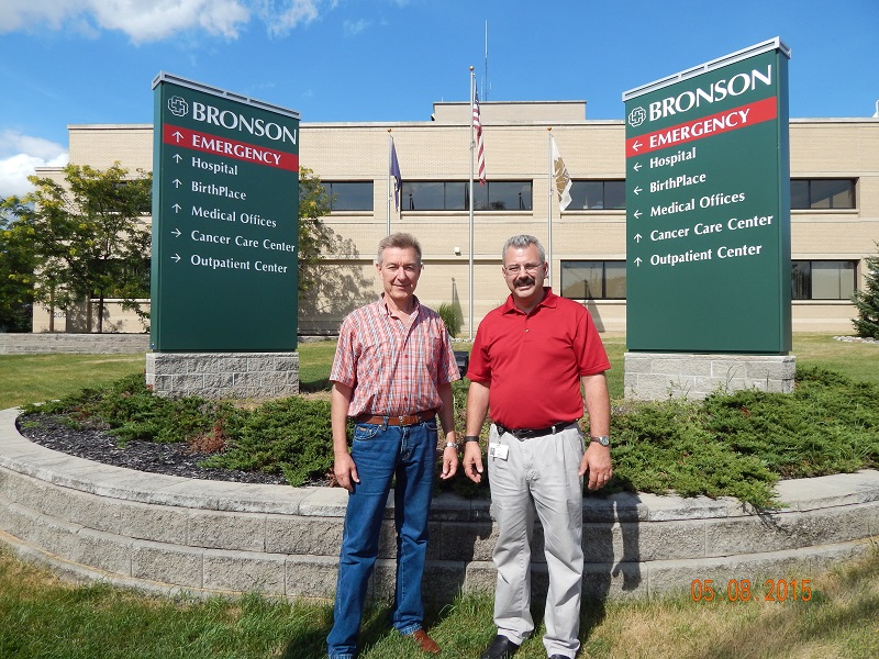 Rick Bonney (R) with Dr. Rogov outside Bronson Hospital in Battle Creek. Rick is a lab tech with Bronson Hospital and our contact with the pathology dept.